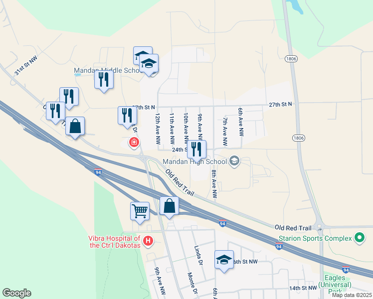 map of restaurants, bars, coffee shops, grocery stores, and more near 2501 10th Avenue Northwest in Mandan