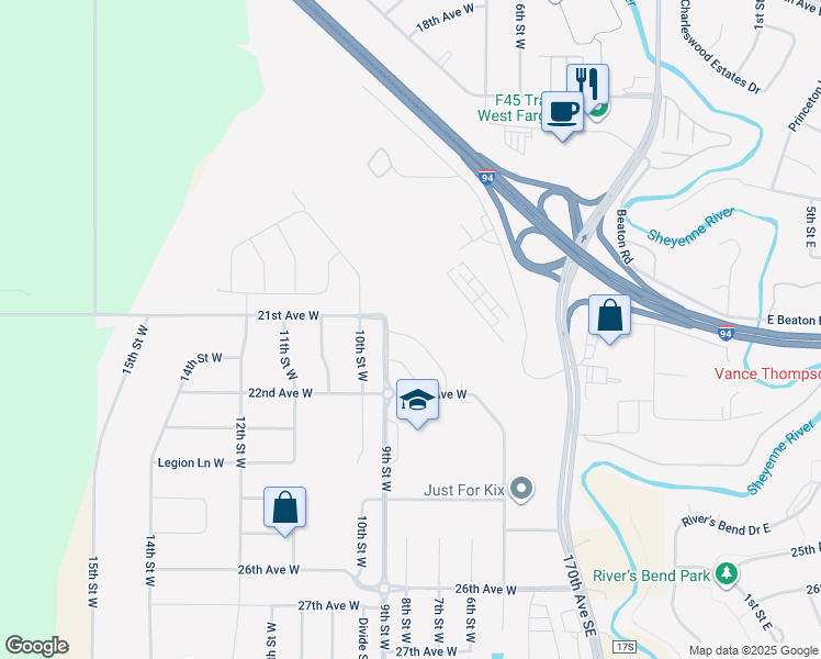 map of restaurants, bars, coffee shops, grocery stores, and more near 373 21st Avenue West in West Fargo