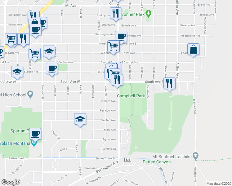 map of restaurants, bars, coffee shops, grocery stores, and more near 101 Livingston Street in Missoula