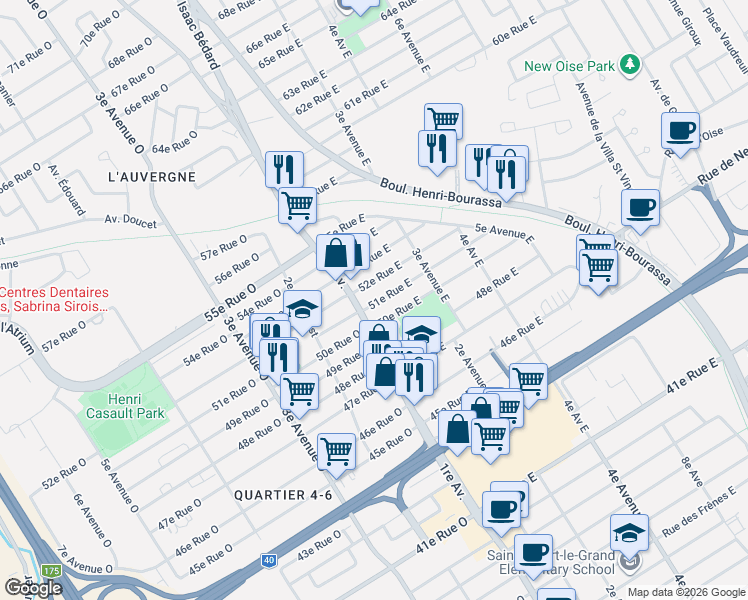 map of restaurants, bars, coffee shops, grocery stores, and more near 119 51e Rue Est in Québec