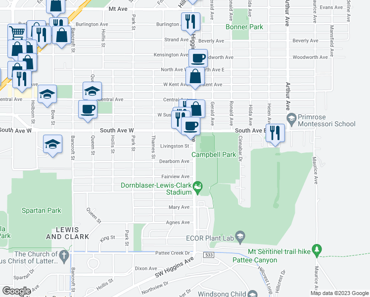 map of restaurants, bars, coffee shops, grocery stores, and more near 103 Livingston Street in Missoula