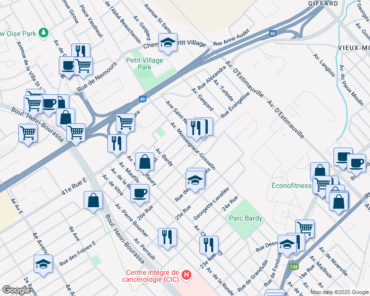 map of restaurants, bars, coffee shops, grocery stores, and more near 2160 Rue Geneviève Lamarre in Ville de Québec