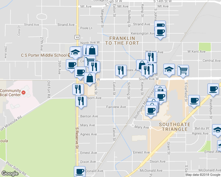 map of restaurants, bars, coffee shops, grocery stores, and more near 2312 Livingston Street in Missoula