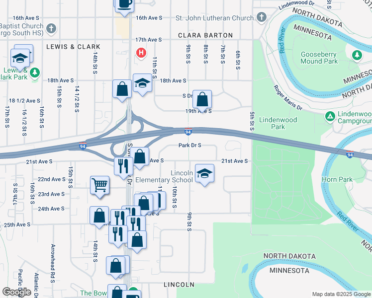 map of restaurants, bars, coffee shops, grocery stores, and more near 902 Park Drive South in Fargo