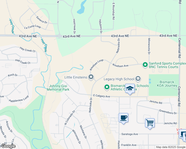 map of restaurants, bars, coffee shops, grocery stores, and more near 3841 Knudsen Loop in Bismarck