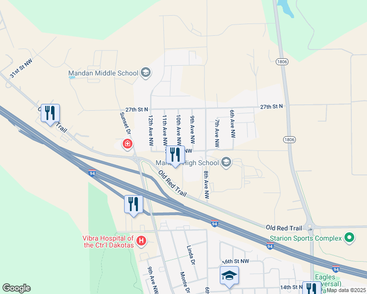 map of restaurants, bars, coffee shops, grocery stores, and more near 2501-2799 9th Avenue Northwest in Mandan