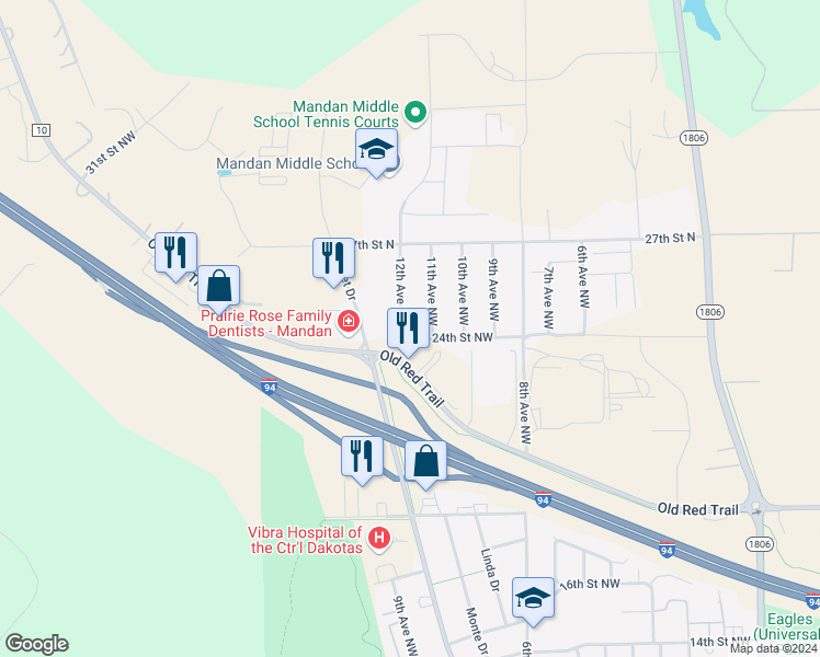 map of restaurants, bars, coffee shops, grocery stores, and more near 1208 24th Street Northwest in Mandan
