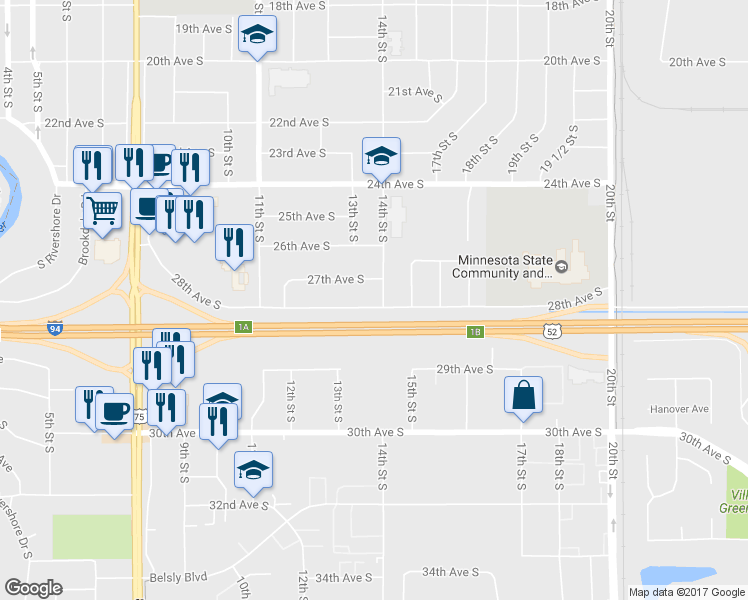 map of restaurants, bars, coffee shops, grocery stores, and more near 2715 14th Street South in Moorhead