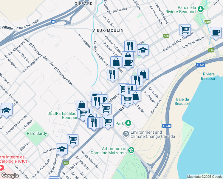map of restaurants, bars, coffee shops, grocery stores, and more near 2970 Chemin Royal in Quebec