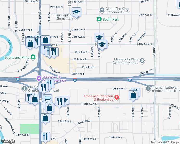 map of restaurants, bars, coffee shops, grocery stores, and more near 1220 28th Avenue South in Moorhead