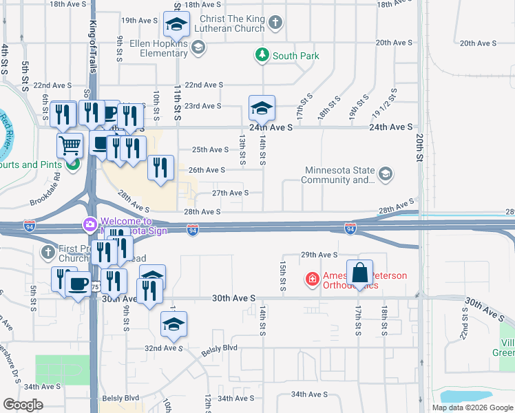 map of restaurants, bars, coffee shops, grocery stores, and more near 2715 14th Street South in Moorhead