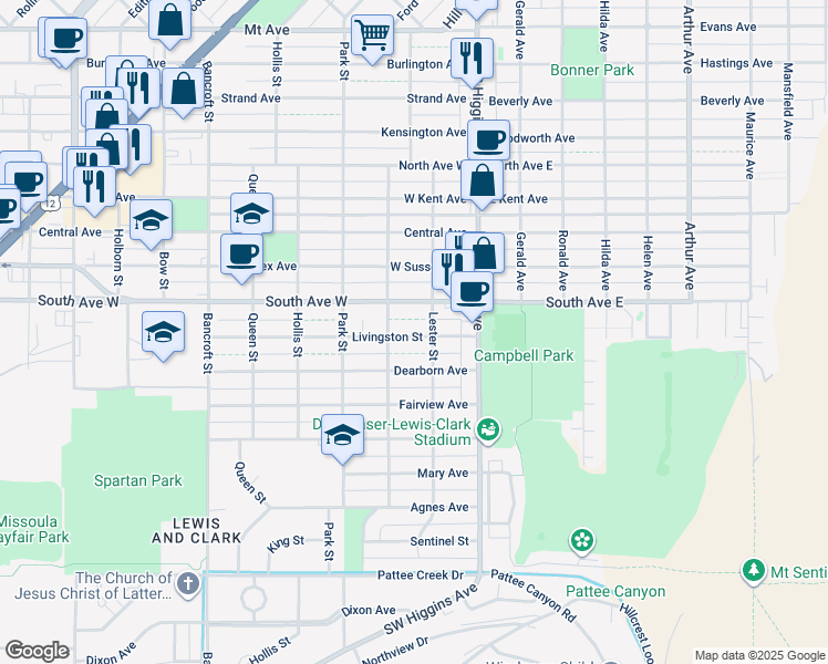 map of restaurants, bars, coffee shops, grocery stores, and more near 216 Livingston Street in Missoula