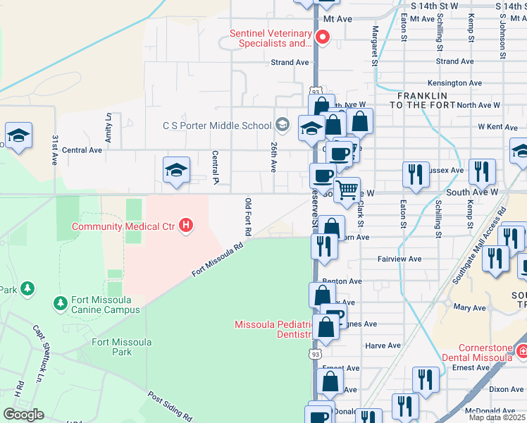 map of restaurants, bars, coffee shops, grocery stores, and more near 2526 Old Fort Road in Missoula