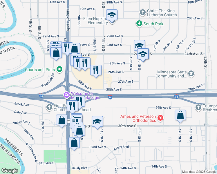 map of restaurants, bars, coffee shops, grocery stores, and more near 1110 28th Avenue South in Moorhead