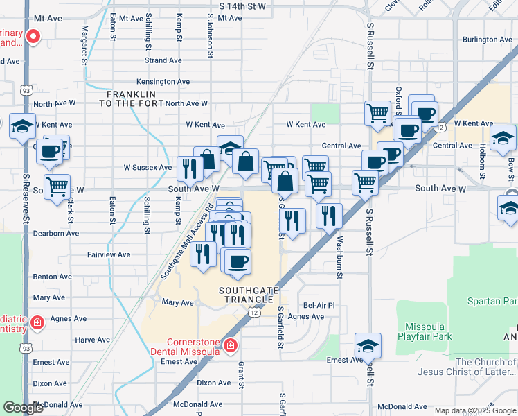 map of restaurants, bars, coffee shops, grocery stores, and more near 1817 South Avenue West in Missoula