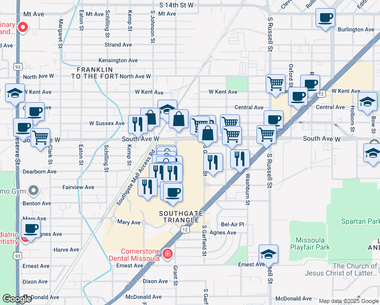 map of restaurants, bars, coffee shops, grocery stores, and more near 1817 South Avenue West in Missoula