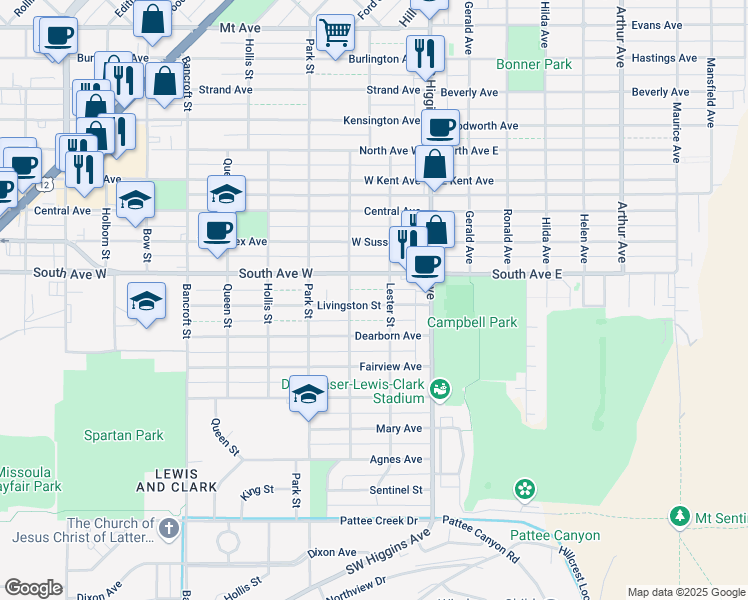 map of restaurants, bars, coffee shops, grocery stores, and more near 216 Livingston Street in Missoula