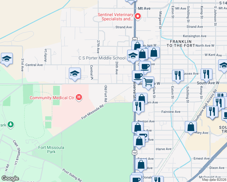 map of restaurants, bars, coffee shops, grocery stores, and more near 2400 Old Fort Road in Missoula