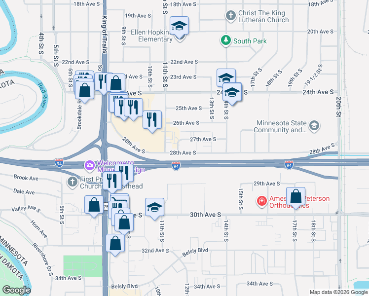 map of restaurants, bars, coffee shops, grocery stores, and more near None in Moorhead