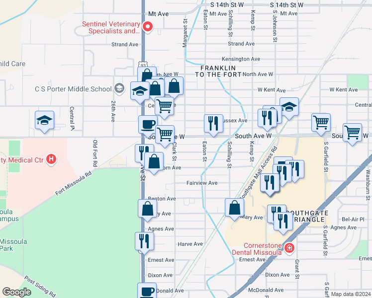 map of restaurants, bars, coffee shops, grocery stores, and more near 2324 Livingston Avenue in Missoula