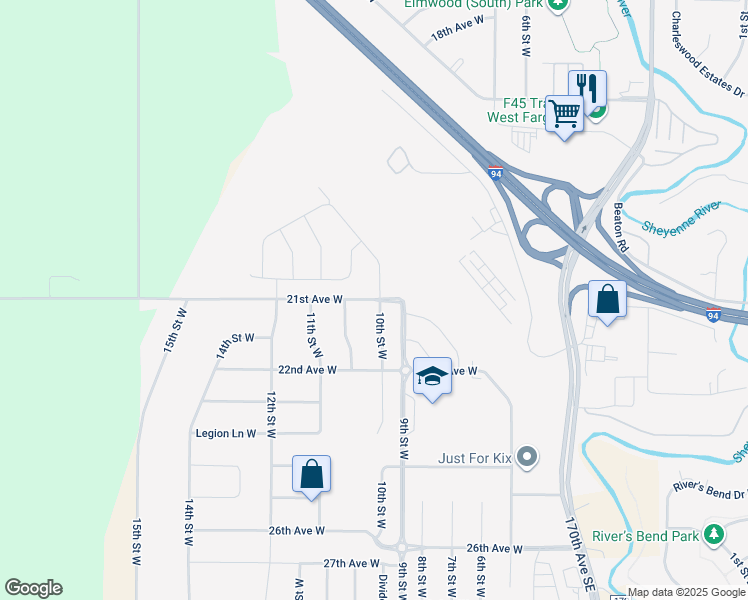 map of restaurants, bars, coffee shops, grocery stores, and more near 373 21st Avenue West in West Fargo