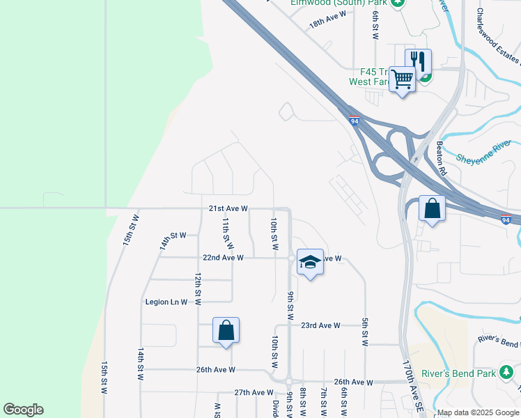 map of restaurants, bars, coffee shops, grocery stores, and more near 604 21st Avenue West in West Fargo