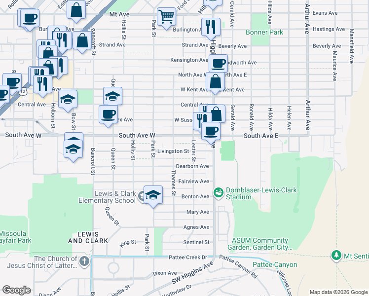 map of restaurants, bars, coffee shops, grocery stores, and more near 216 Livingston Street in Missoula