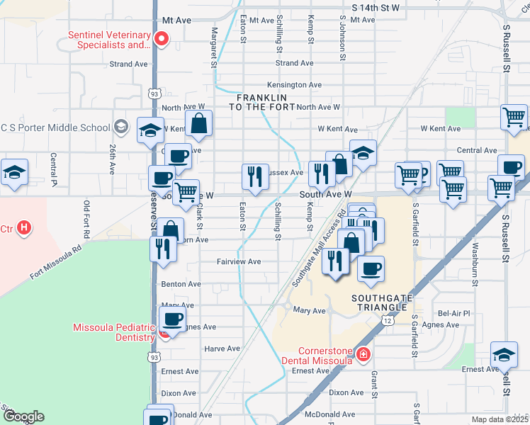 map of restaurants, bars, coffee shops, grocery stores, and more near 2212 Livingston Avenue in Missoula