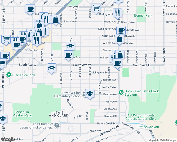 map of restaurants, bars, coffee shops, grocery stores, and more near 404 Livingston Street in Missoula
