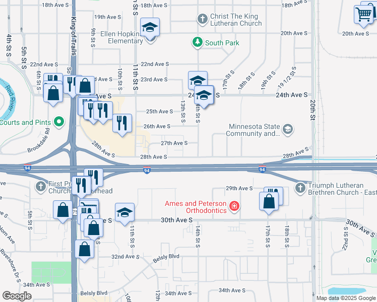 map of restaurants, bars, coffee shops, grocery stores, and more near 1220 28th Avenue South in Moorhead