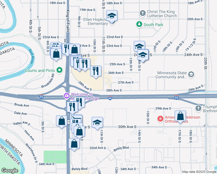 map of restaurants, bars, coffee shops, grocery stores, and more near 1110 28th Avenue South in Moorhead