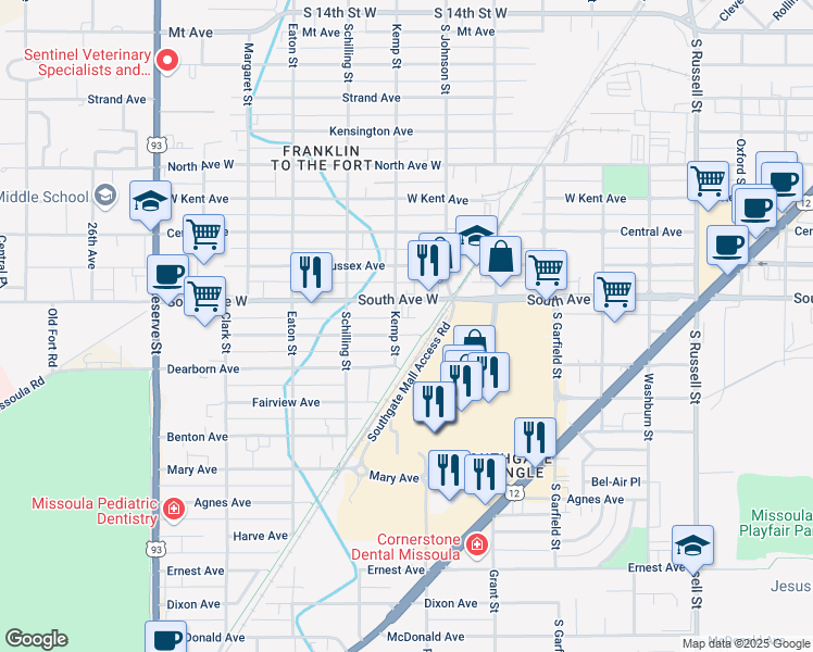 map of restaurants, bars, coffee shops, grocery stores, and more near 2432 Kemp Street in Missoula