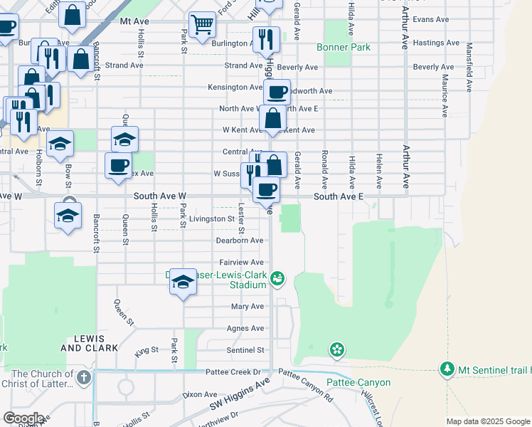 map of restaurants, bars, coffee shops, grocery stores, and more near in Missoula