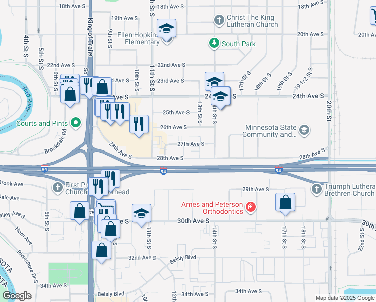 map of restaurants, bars, coffee shops, grocery stores, and more near 1208 28th Avenue South in Moorhead