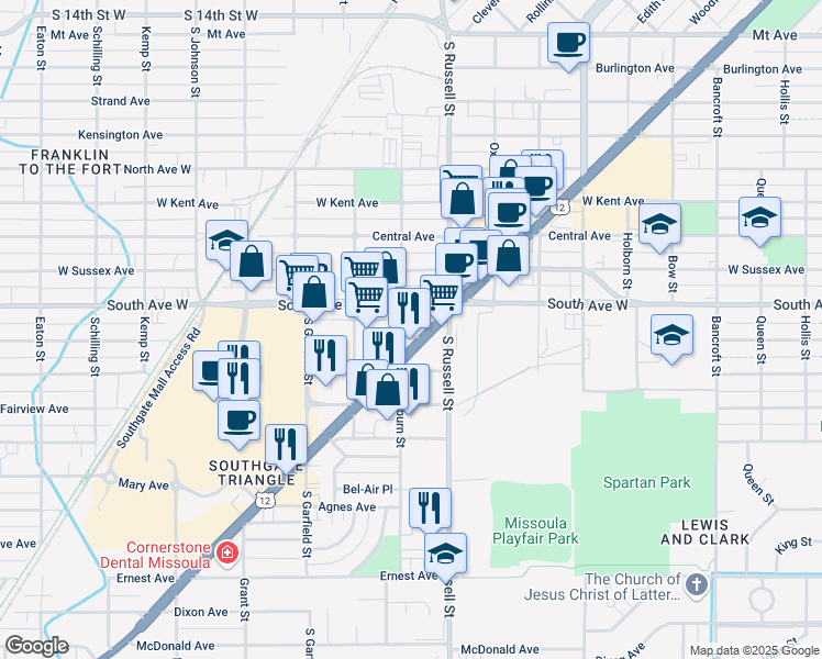 map of restaurants, bars, coffee shops, grocery stores, and more near 1530 Livingston Ave in Missoula