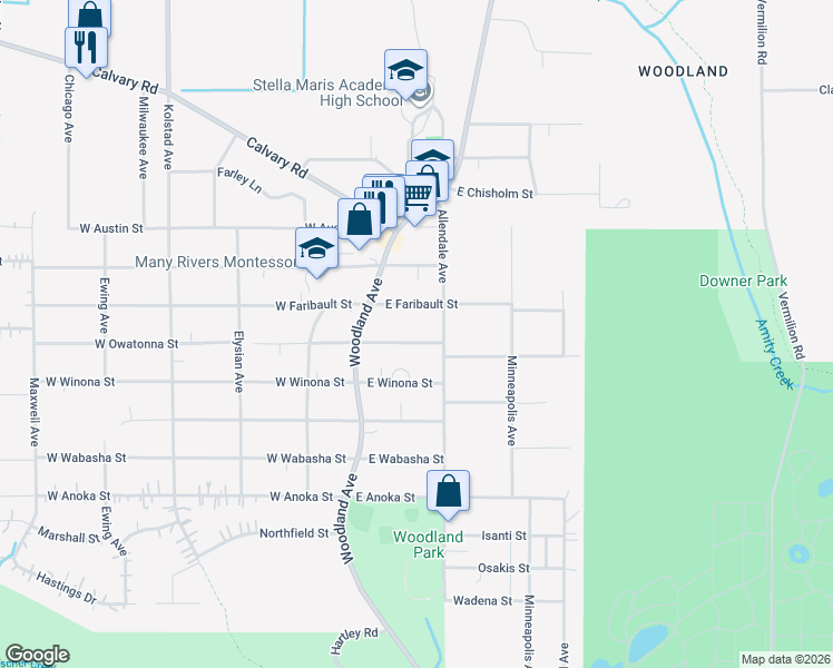 map of restaurants, bars, coffee shops, grocery stores, and more near 45 East Owatonna Street in Duluth