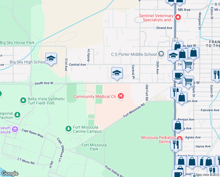 map of restaurants, bars, coffee shops, grocery stores, and more near 2833 Fort Missoula Rd in Missoula