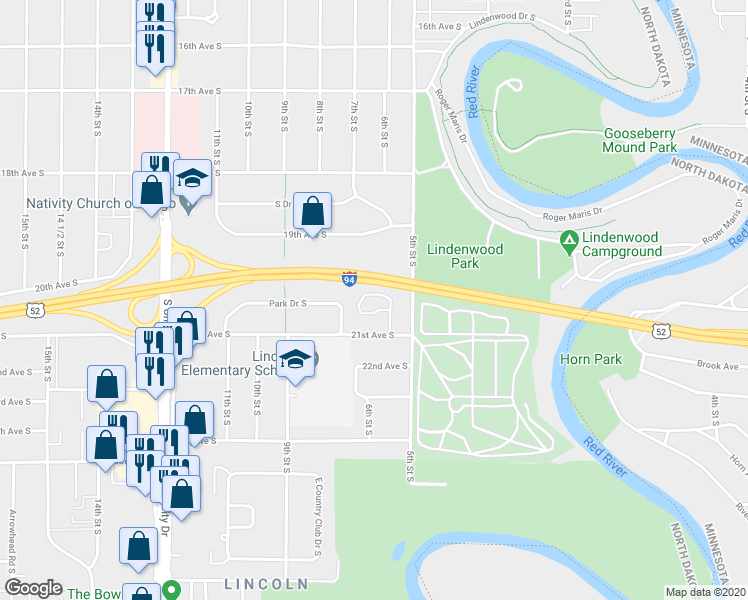map of restaurants, bars, coffee shops, grocery stores, and more near 505 21st Avenue South in Fargo