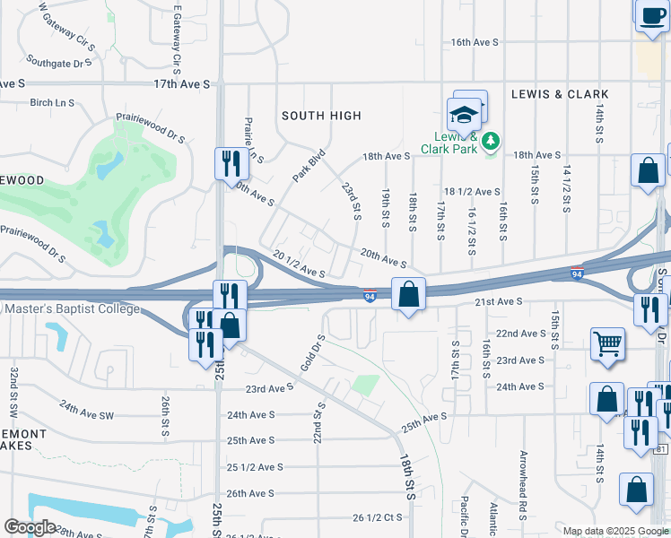 map of restaurants, bars, coffee shops, grocery stores, and more near 232 23rd Street South in Fargo