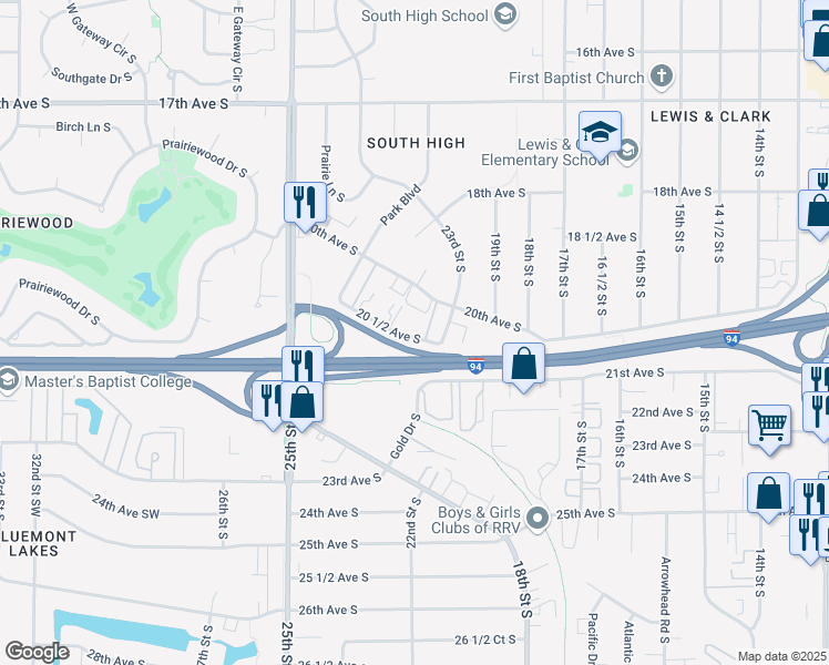 map of restaurants, bars, coffee shops, grocery stores, and more near 232 23rd Street South in Fargo