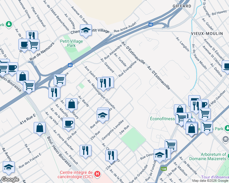 map of restaurants, bars, coffee shops, grocery stores, and more near in Québec