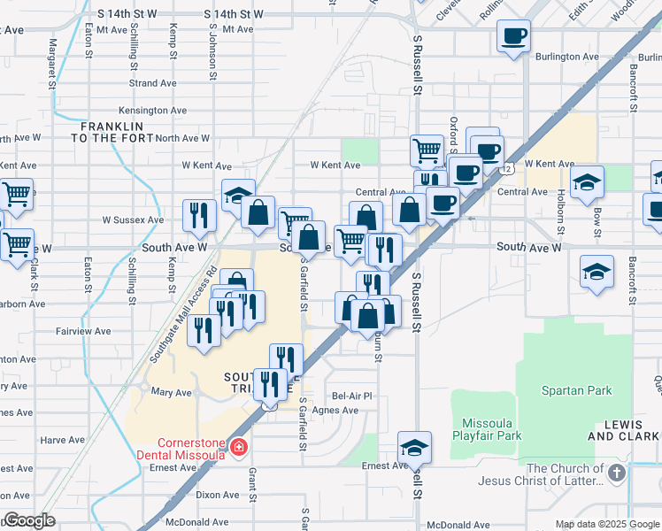 map of restaurants, bars, coffee shops, grocery stores, and more near 2415 South Catlin Street in Missoula