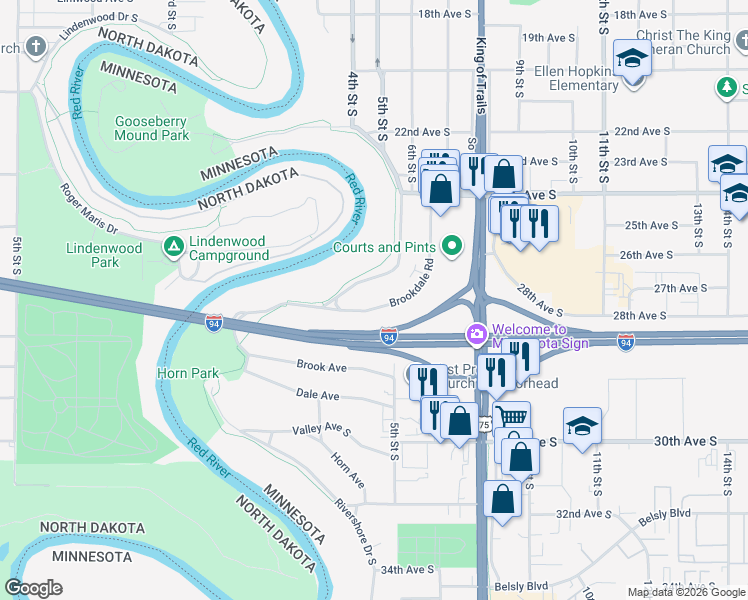 map of restaurants, bars, coffee shops, grocery stores, and more near 2709 Brookdale Road in Moorhead