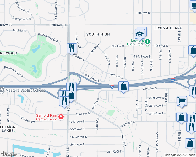 map of restaurants, bars, coffee shops, grocery stores, and more near 232 23rd Street South in Fargo