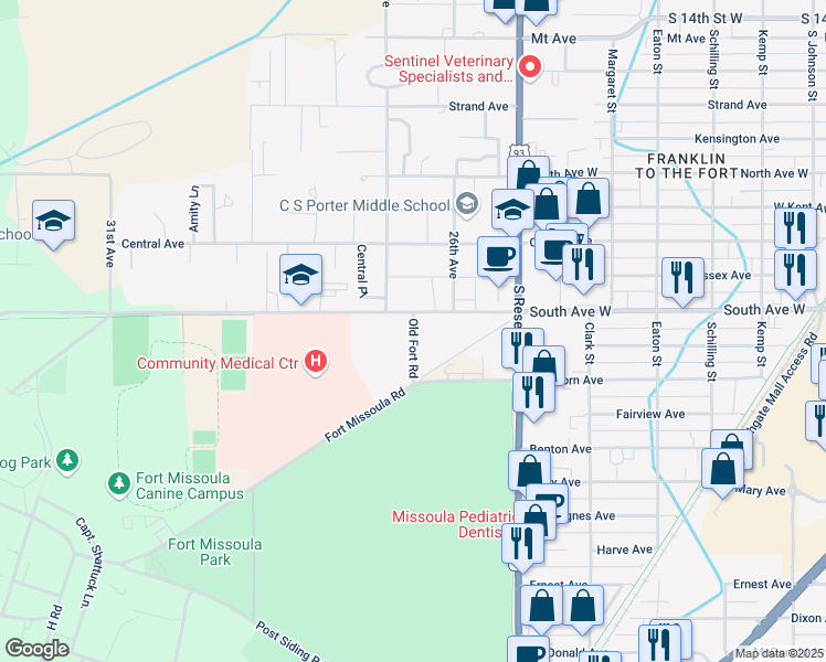 map of restaurants, bars, coffee shops, grocery stores, and more near 2526 Old Fort Road in Missoula