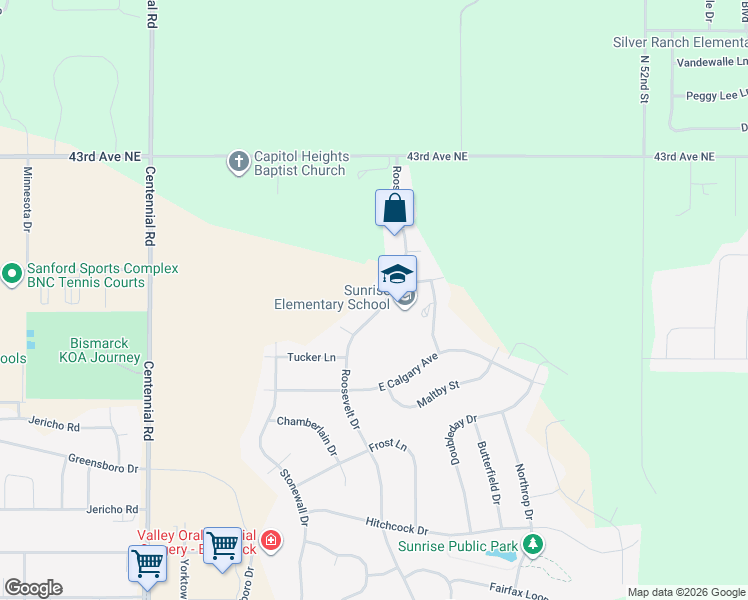 map of restaurants, bars, coffee shops, grocery stores, and more near 3629-3699 Roosevelt Drive in Bismarck