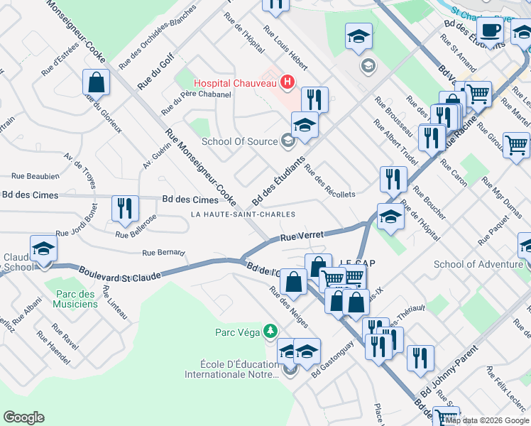 map of restaurants, bars, coffee shops, grocery stores, and more near 95 Rue Arthur Dion in Québec