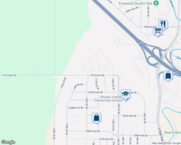 map of restaurants, bars, coffee shops, grocery stores, and more near 2106 11th Street West in West Fargo