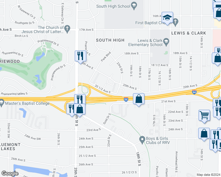 map of restaurants, bars, coffee shops, grocery stores, and more near 232 23rd Street South in Fargo