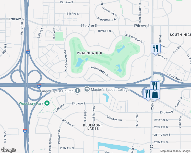 map of restaurants, bars, coffee shops, grocery stores, and more near 137 Prairiewood Drive South in Fargo
